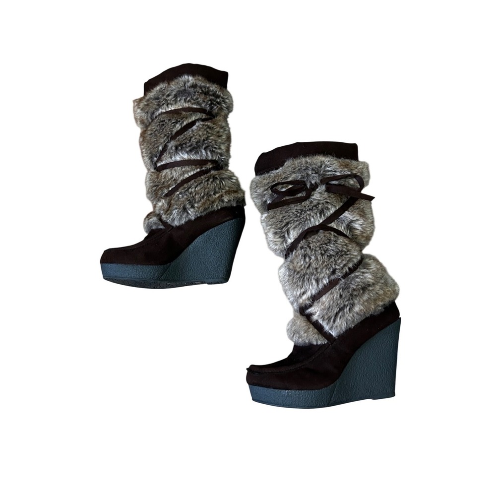 Decree Brown Faux Fur Wedge Boots Tall Winter Snow Bunny 022-7110 Womens 8